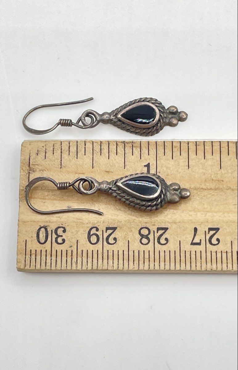 Marsala 925 Sterling Silver Black Onyx Teardrop Rope Bezel Dangle Earrings 2.7g