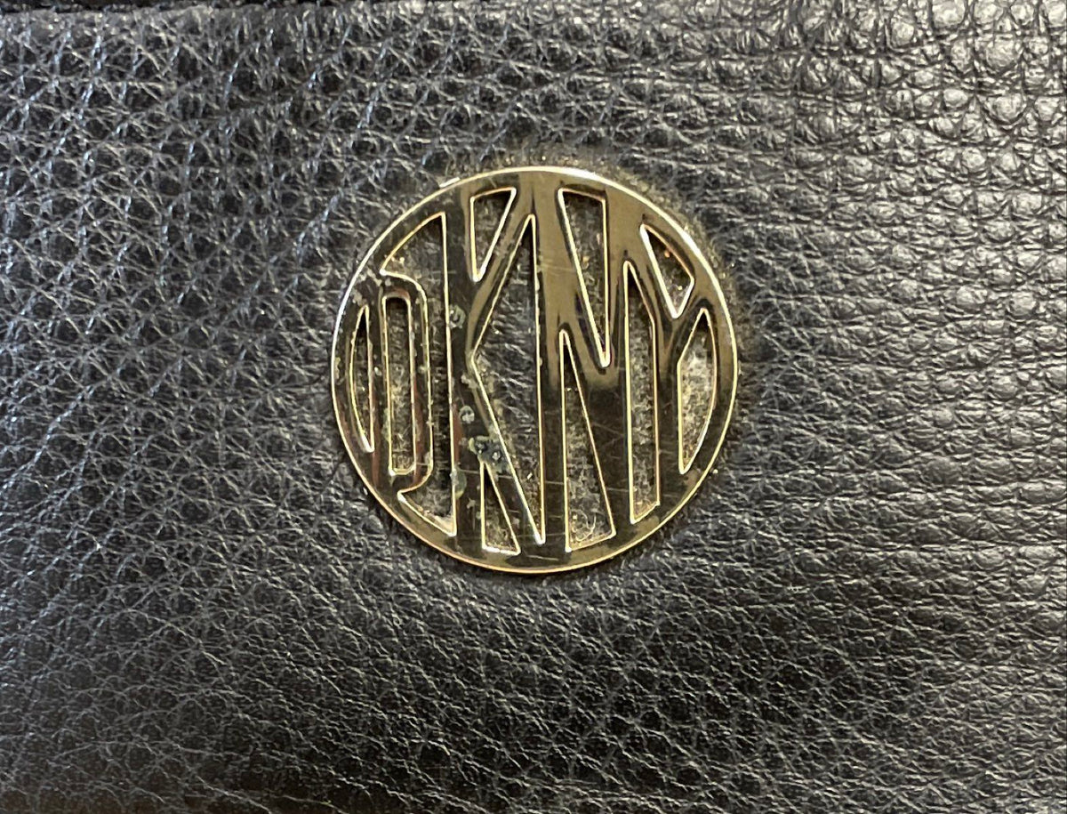 DKNY Black Pebbled Leather Drawstring Bucket Bag Gold Tone Hardware