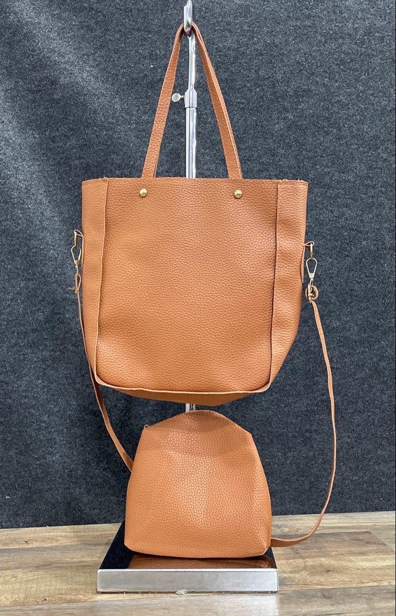 Jingpin Brown Leather Tote Bag & Pouch Set Crossbody Strap Gold Hardware