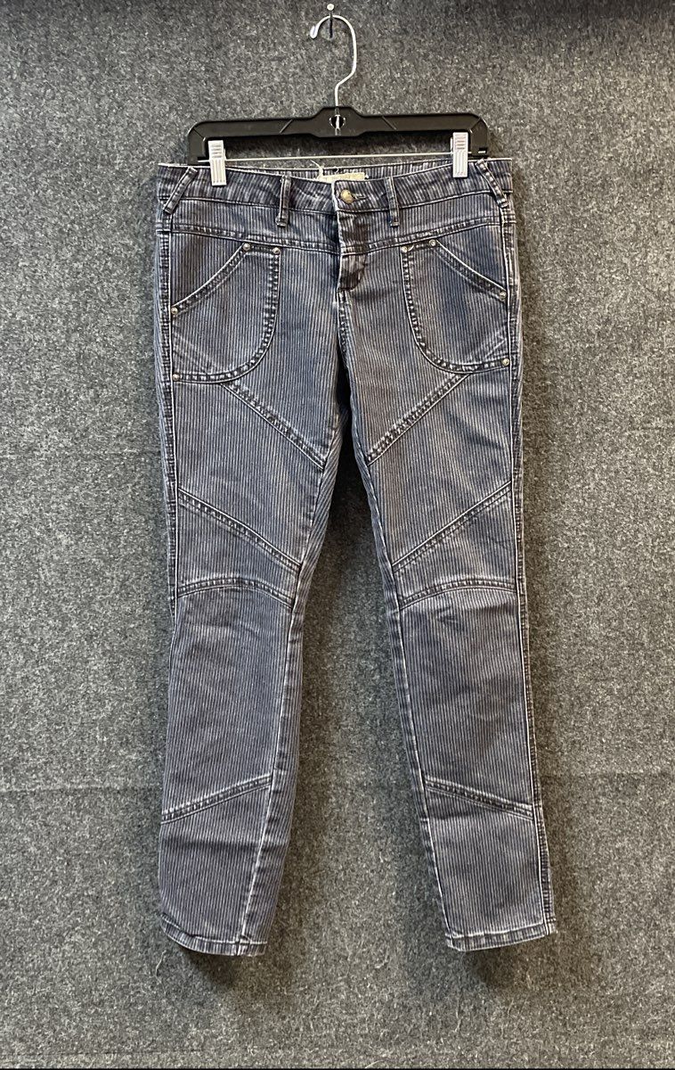 Free People Women's Blue Railroad Stripe Paneled Moto Skinny Pants Size 28