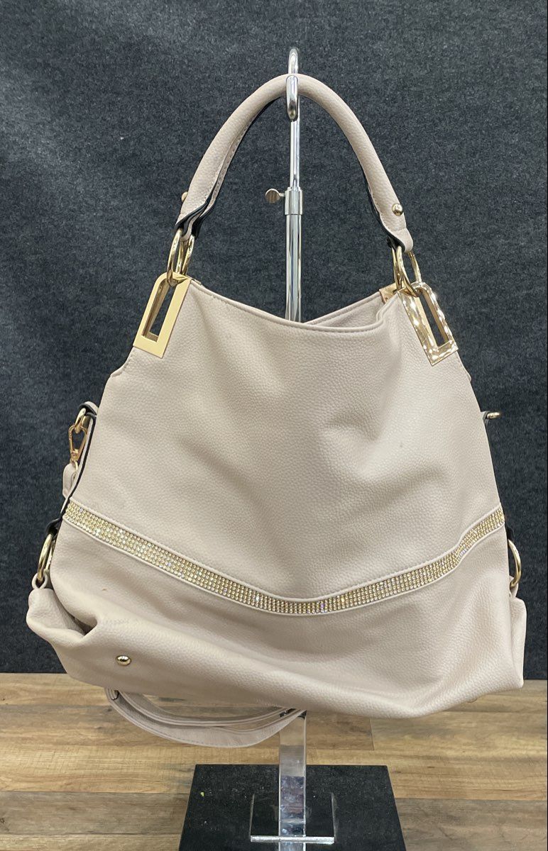 Dasein Grey Pebbled Vegan Leather Hobo Shoulder Bag Gold Tone Rhinestone