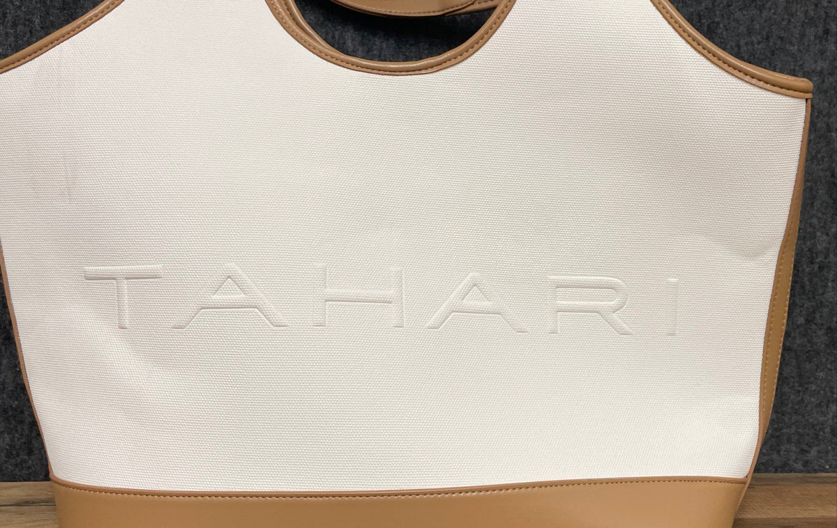 Tahari White Canvas and Tan Leather Trim Travel Tote Handbag Large Embossed Logo