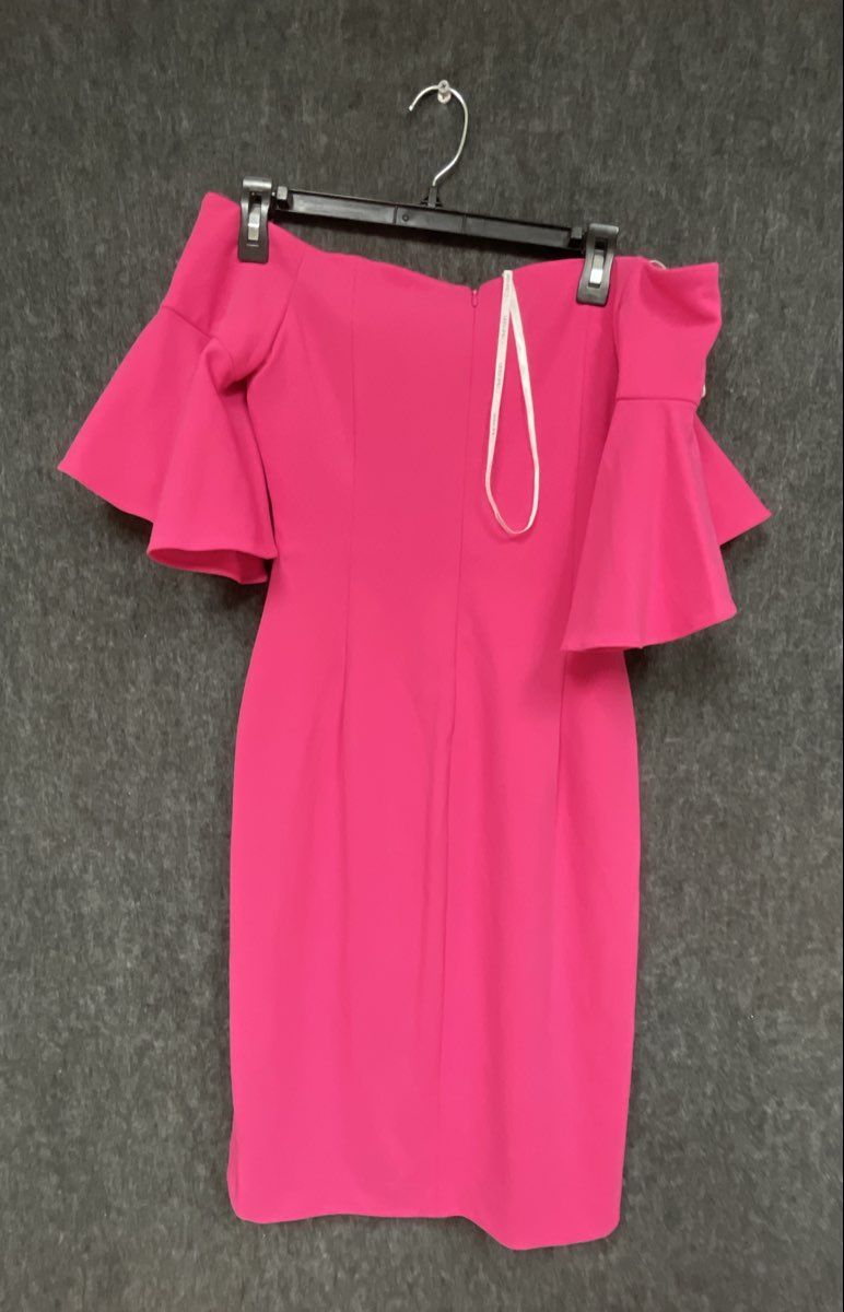 Calvin Klein Women's Hot Pink Off Shoulder Ruffle Bell Sleeve Ruched Dress Sz 2