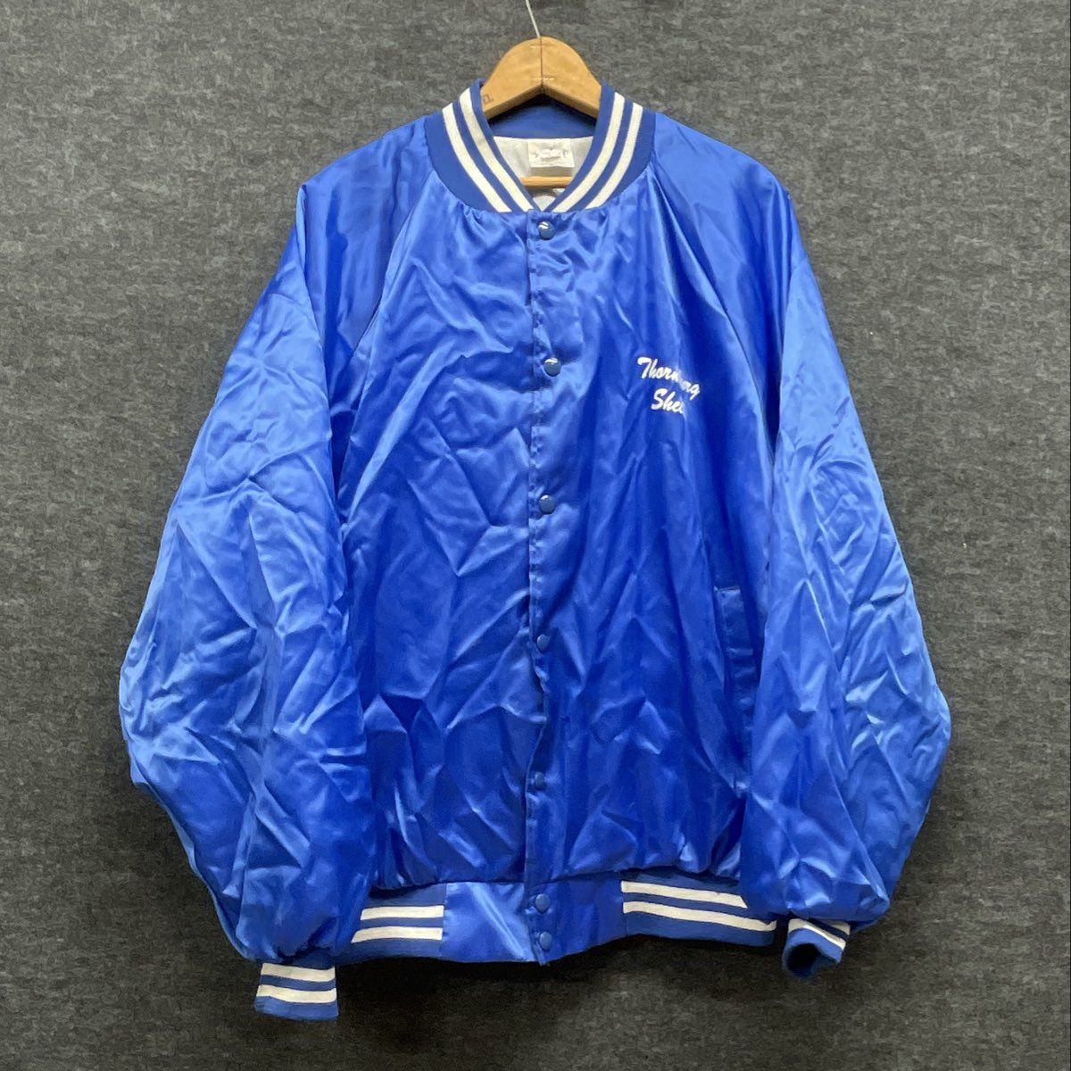 Vintage 80s Thornburg Shell 24 Hr Towing Satin Bomber Jacket Blue XL USA
