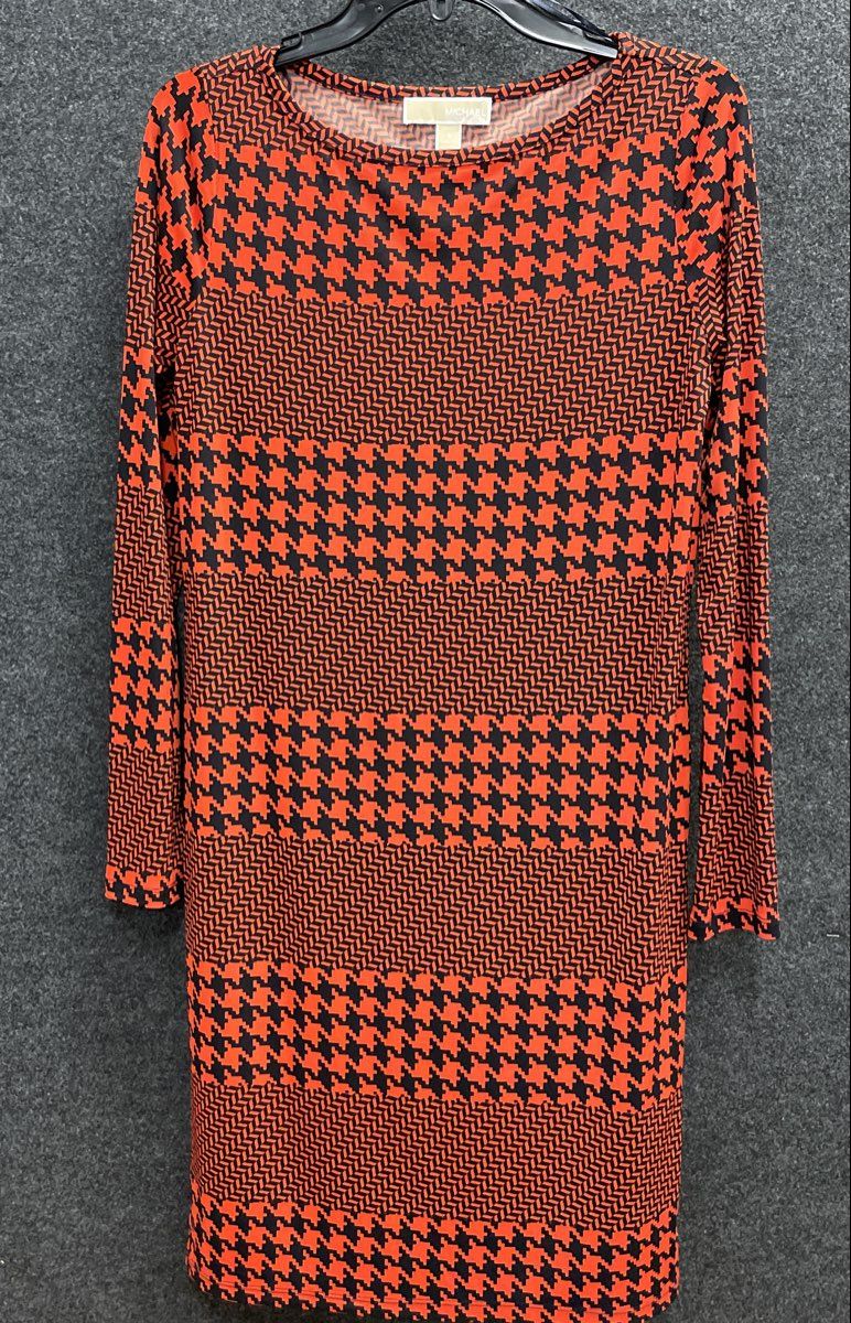 Michael Kors Women's Orange Black Houndstooth Geometric Long Sleeve Dress Sz S