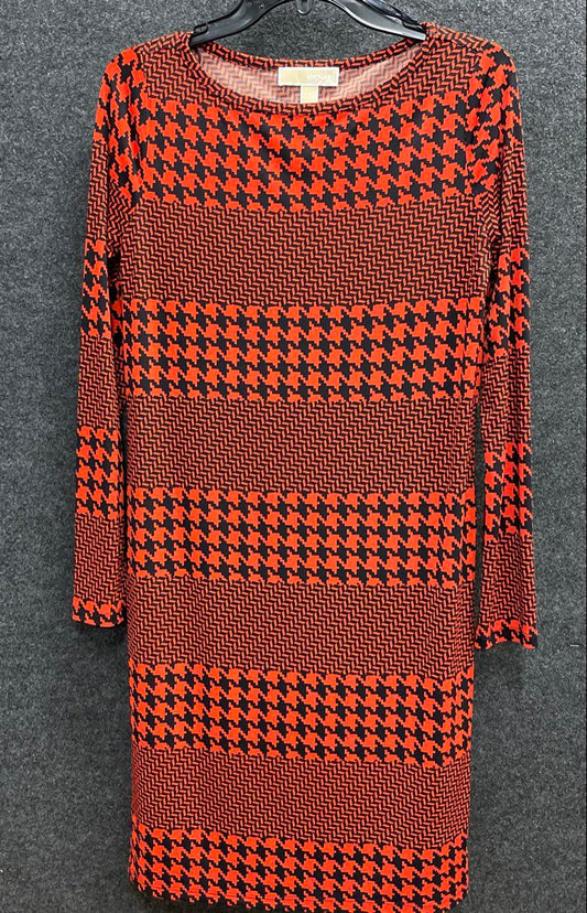 Michael Kors Women's Orange Black Houndstooth Geometric Long Sleeve Dress Sz S