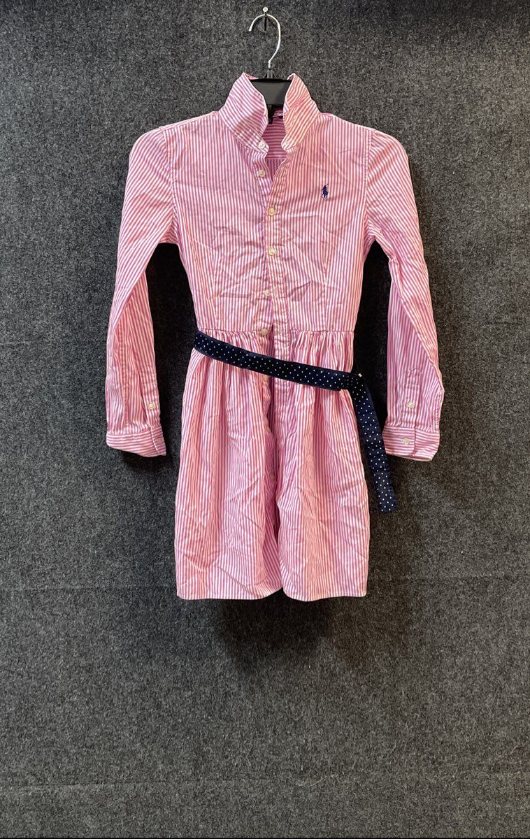 Polo Ralph Lauren Girls Pink White Striped Cotton Belted Shirt Dress Size 12