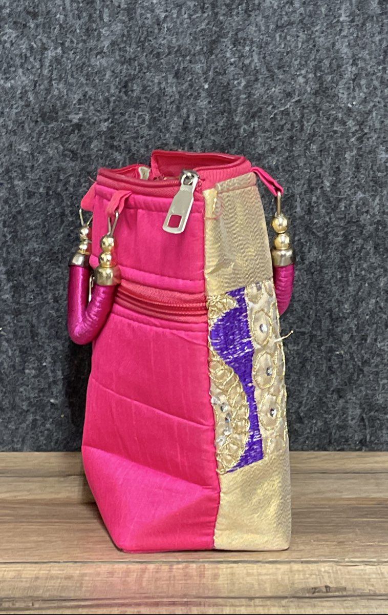Indian Handcraft Gold Pink Paisley Sequin Embroidered Zipper Pouch Handbag