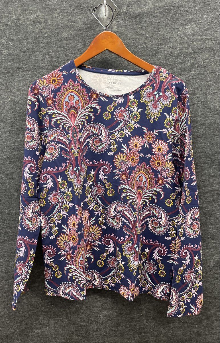 Talbots Women's Long Sleeve Tee Purple Multicolor Floral Paisley Print Sz XL