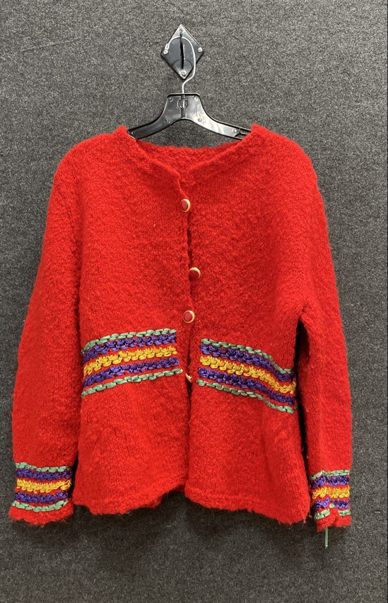 Vintage 90s Women's Red Ribbon Embroidered Boucle Knit Cardigan Sweater