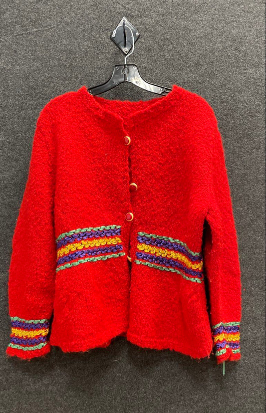 Vintage 90s Women's Red Ribbon Embroidered Boucle Knit Cardigan Sweater