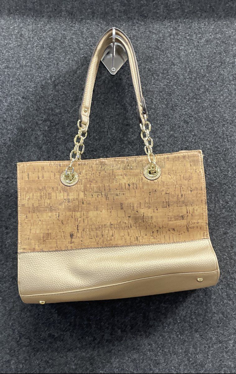 Anne Klein Brown Tan Cork Pebbled Tote Shoulder Bag Gold Tone Lion Charm