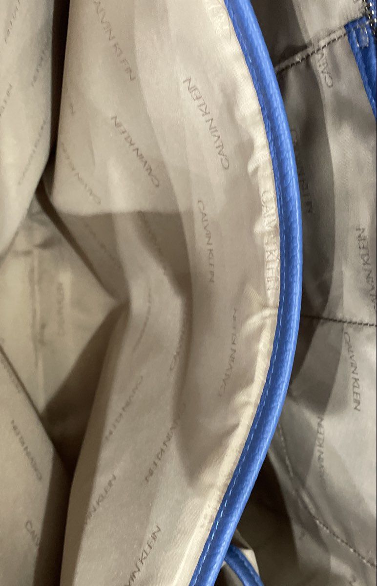 Calvin Klein Blue Pebbled Leather Tote Shoulder Bag Silver Hardware