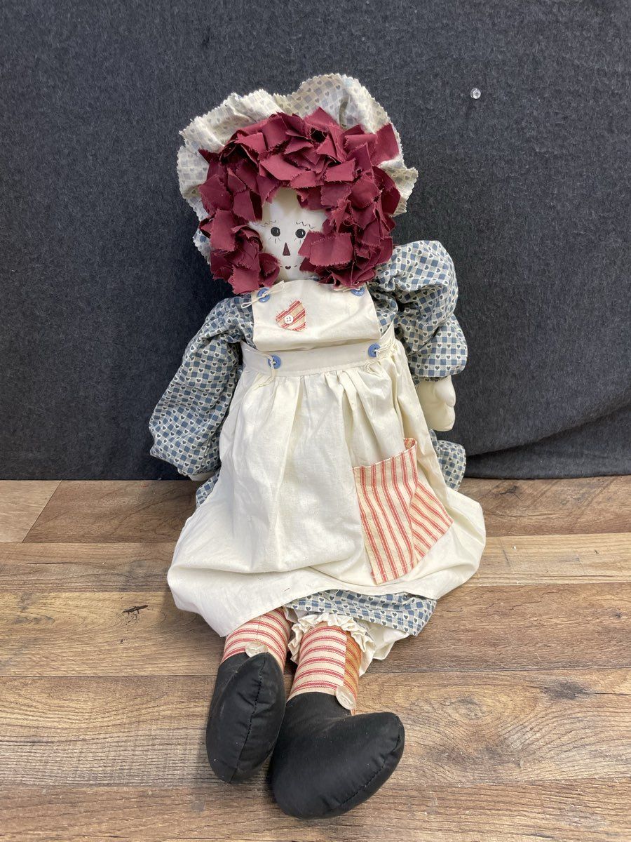 Vintage Handmade Raggedy Ann Style Blue Red Folk Art Primitive Cloth Doll 30"