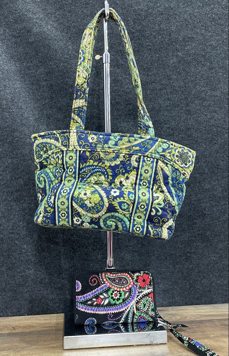 Vera Bradley Green Blue Paisley Quilted Tote Bag & Black Wallet Lot of 2