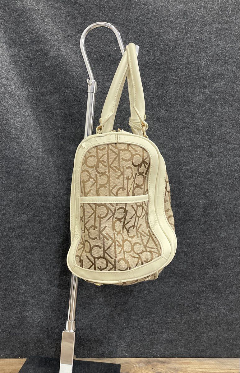 Calvin Klein Brown Monogram White Leather Satchel Handbag Gold Hardware