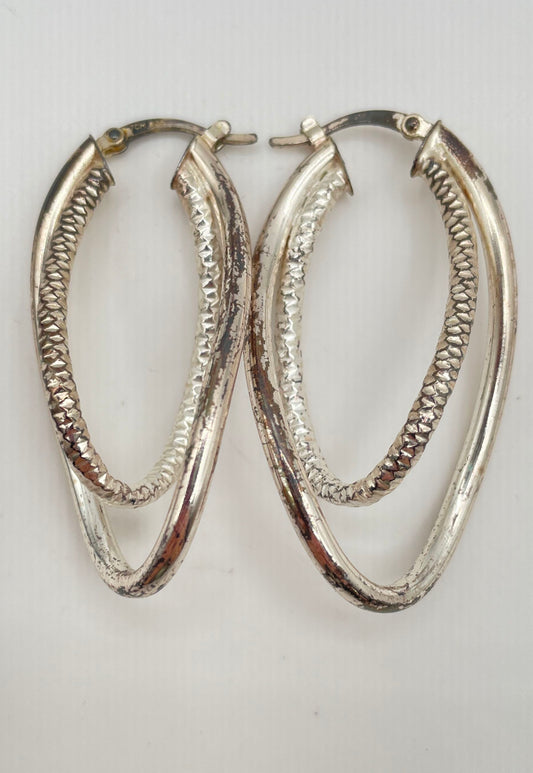 925 Sterling Silver Polished & Textured Double Twisted Oval Hoop Earrings 6.3g