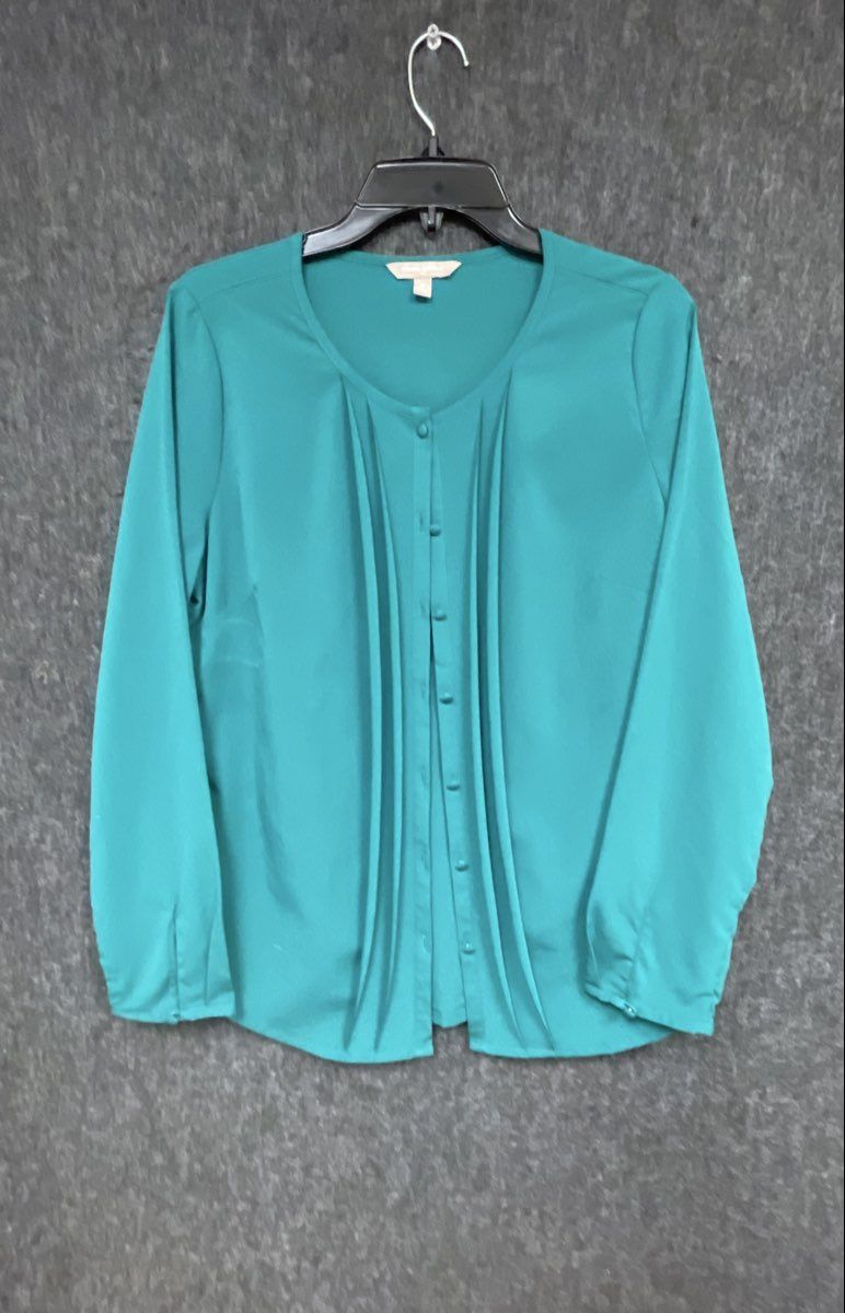 Banana Republic Women's Teal Pleated Front Button Up Long Sleeve Blouse Size M