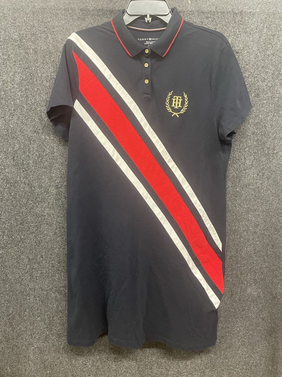 Tommy Hilfiger Women's Polo Dress Navy Blue Banner Stripe Crest Gold Buttons XL