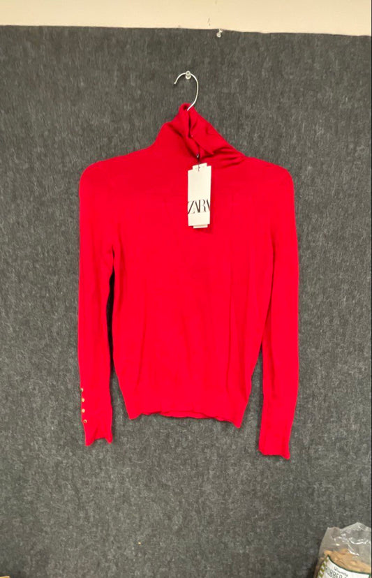 Zara Women's Red Fine Knit Turtleneck Sweater Gold Buttons NWT Size S