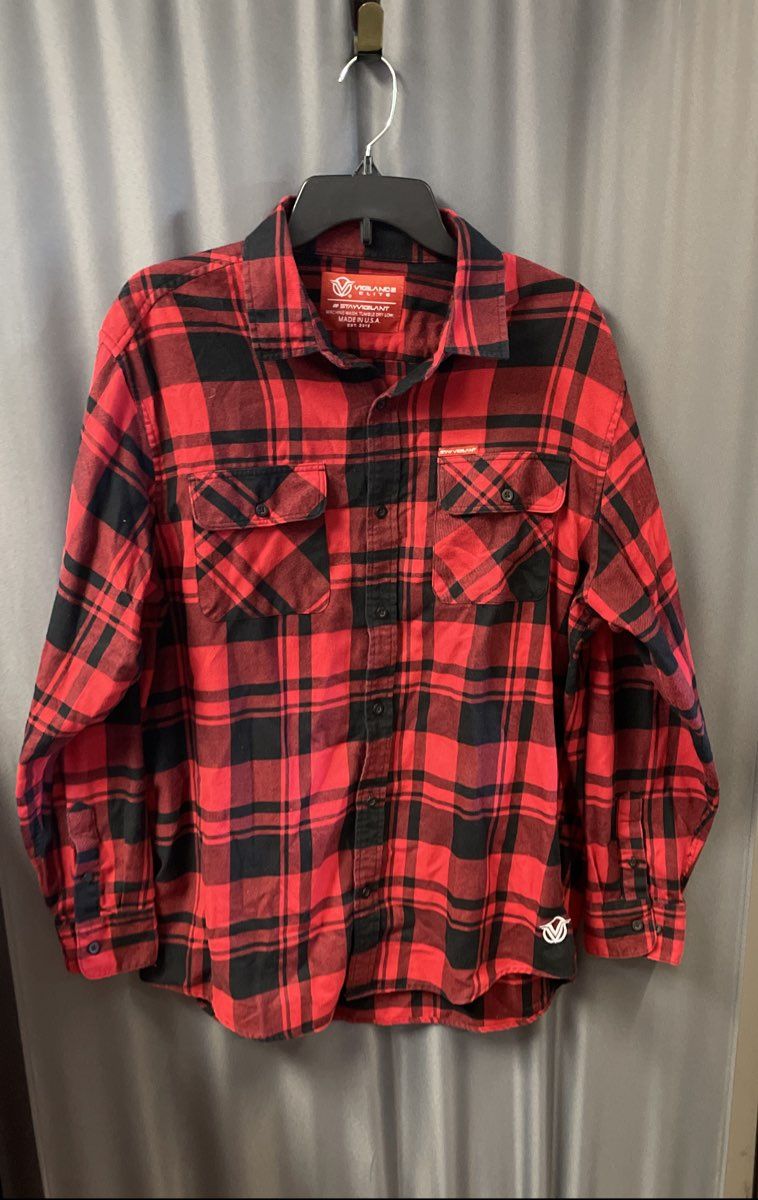 Vigilance Elite Mens Red Black Plaid Flannel Shirt Long Sleeve Made in USA Sz XL