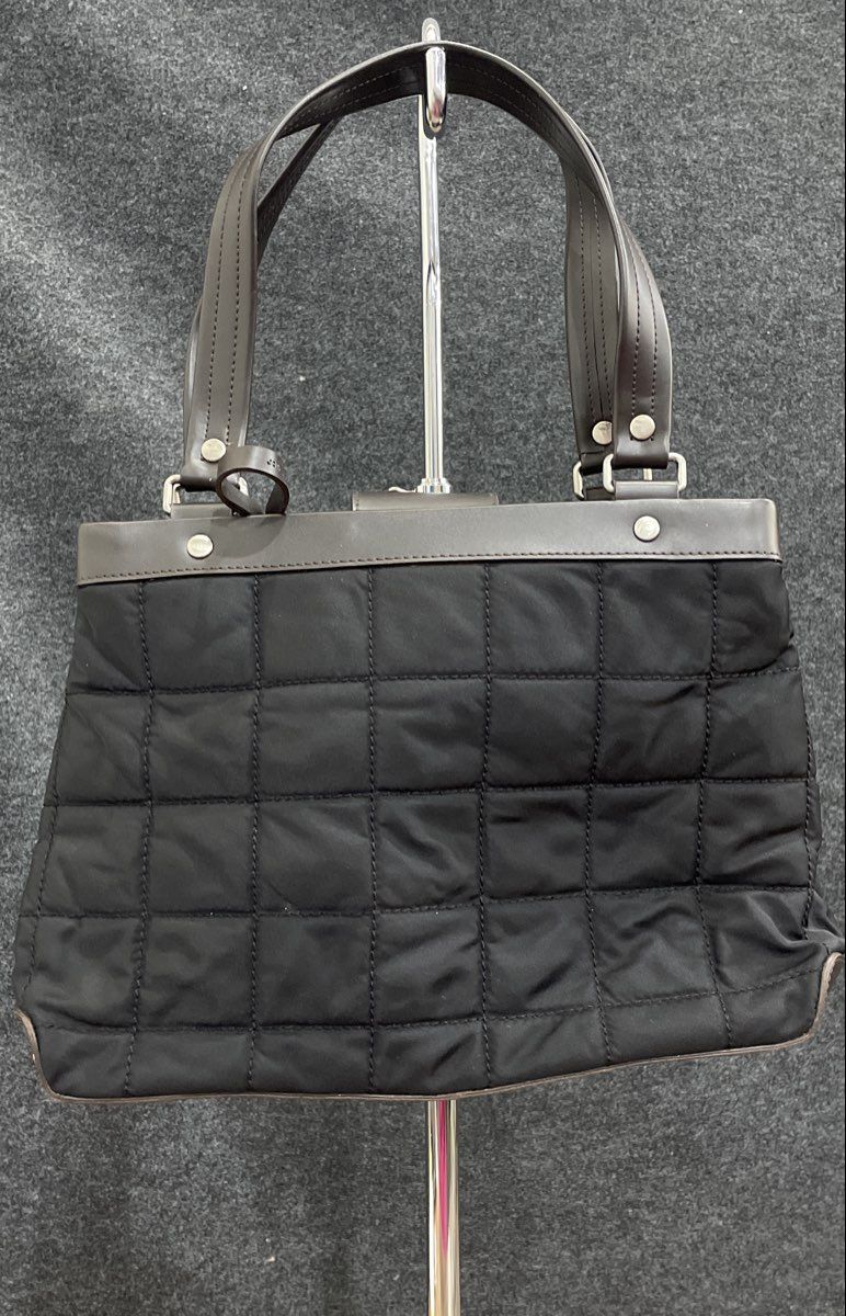 Jones New York Black Quilted Fabric Tote Bag Brown Leather Trim Shoulder Bag