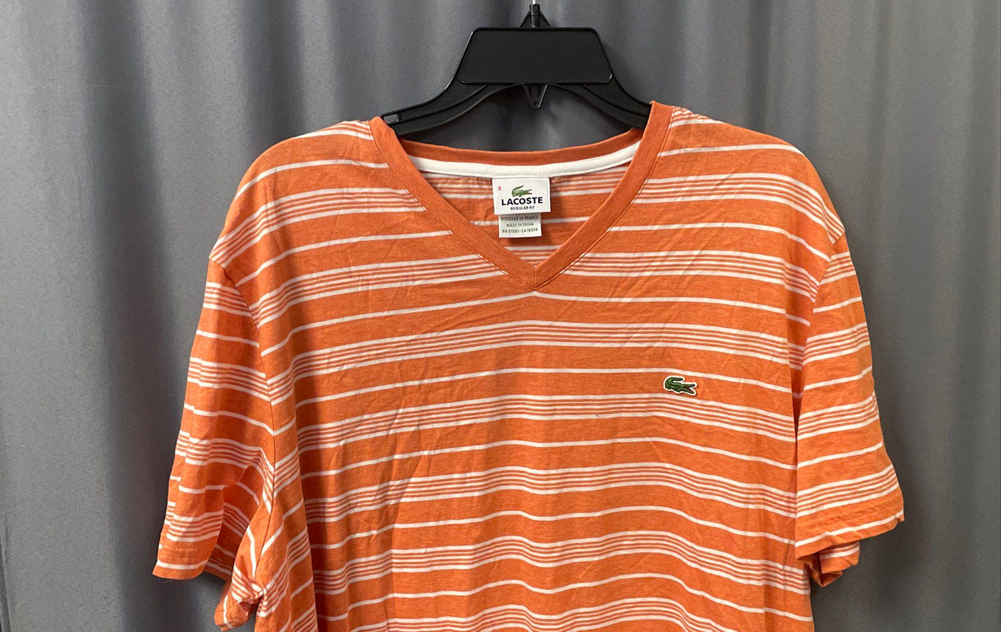 Lacoste Men's Orange White Striped V-Neck Regular Fit Cotton T-Shirt Size 8