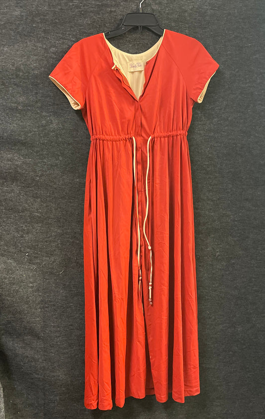 Vintage 70s Vanity Fair Women's Orange Nylon V-Neck Maxi Loungewear Dress Sz P