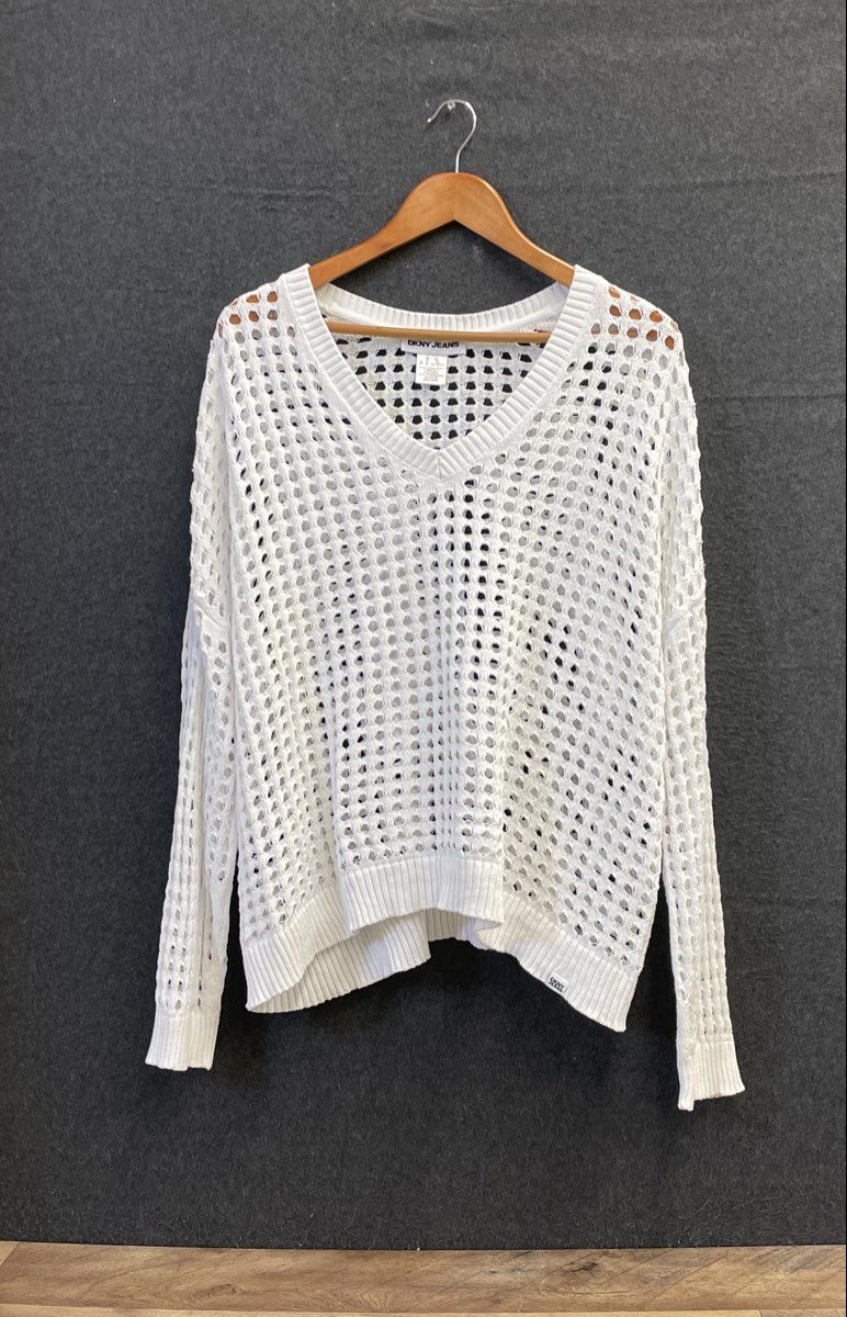 DKNY Jeans Women's White Open Knit V-Neck Cotton Sweater Size XL