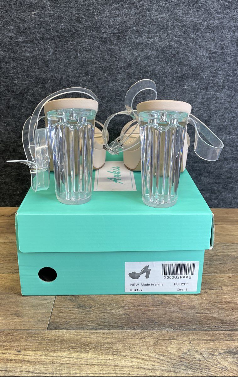 Ankis Clear Lucite Strappy Platform Block Heel Sandals Nude Womens Size 8