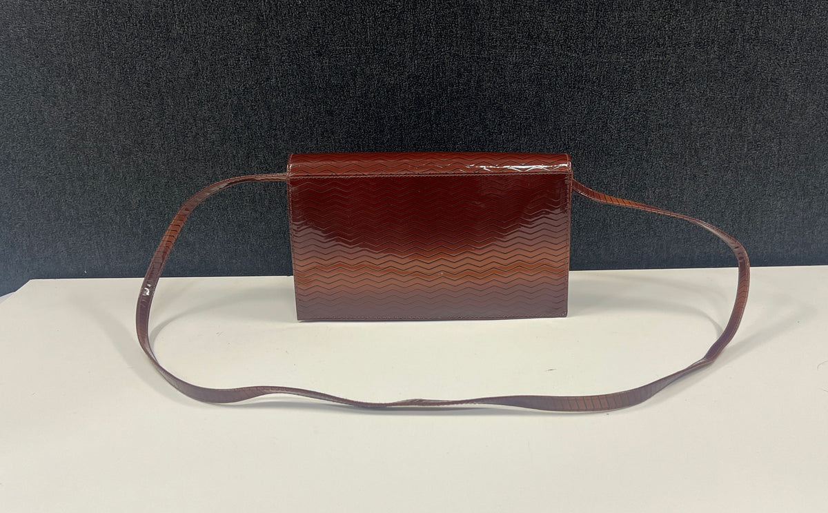 Vintage Brown Ombre Zigzag Embossed Patent Shoulder Bag Rectangular Purse