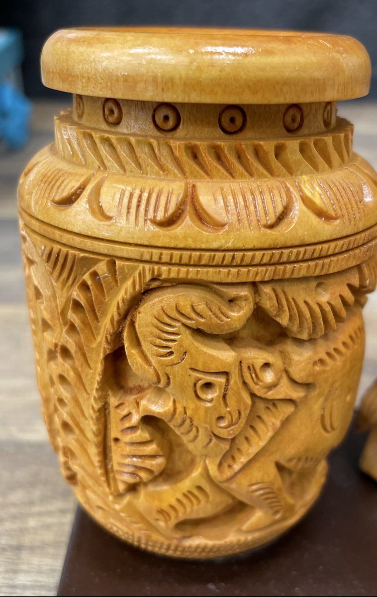 Carved Wood Elephant Figurine Lot Jali Lattice Work & Pot on Base Vintage 2pc