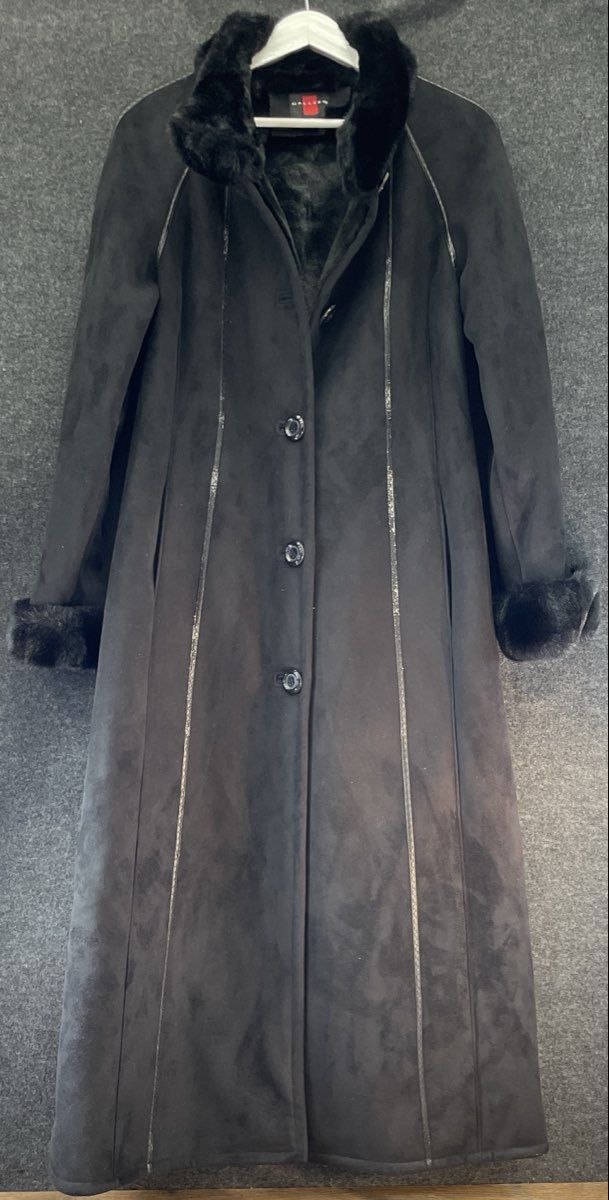 Gallery Women's Black Suede Faux-Fur Lined Winter Trench Coat Sz S