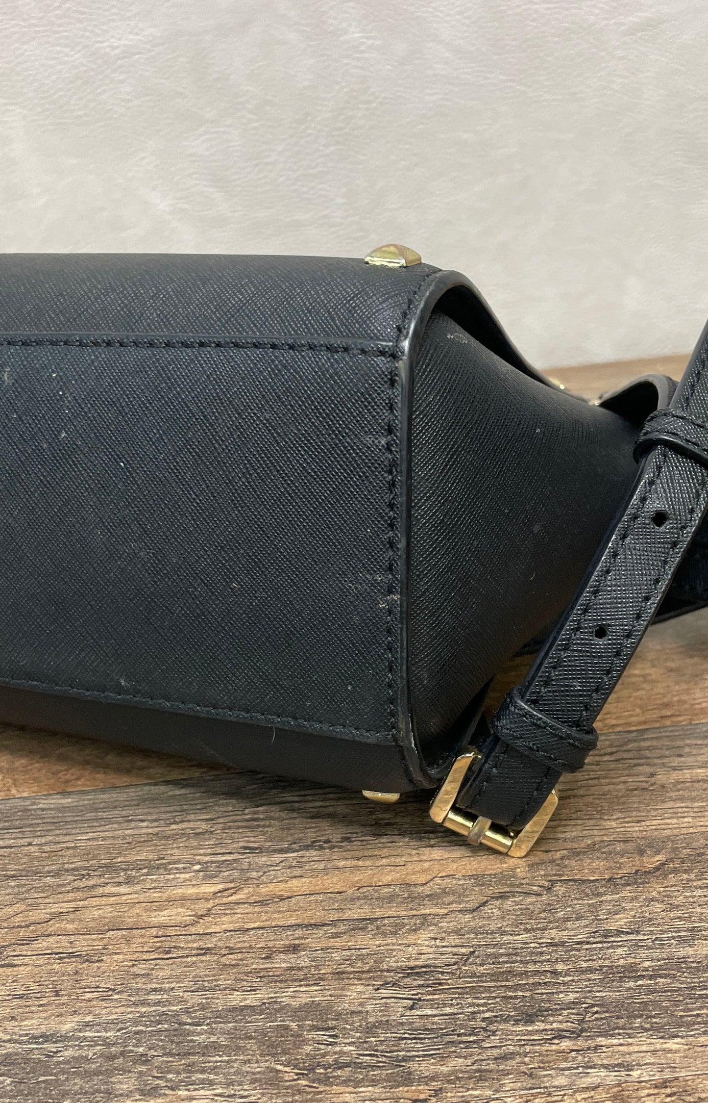 Michael Kors Black Saffiano Leather Studded Selma Messenger Crossbody Bag Gold