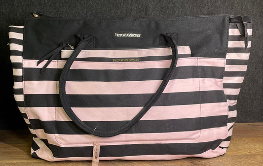 Victoria's Secret Pink Black Striped Canvas Large Tote Bag with Pouch Set NWT