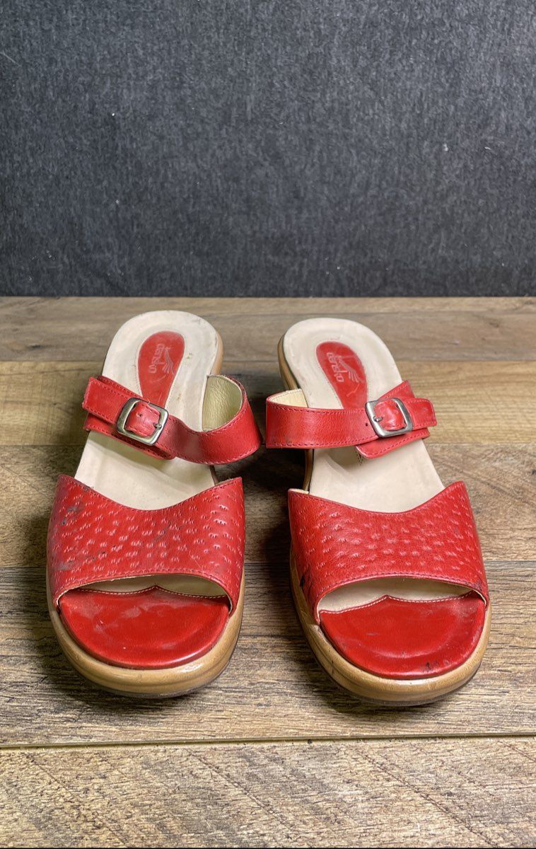 Dansko Women's Red Leather Perforated Wedge Sandals Size 37/6.5-7