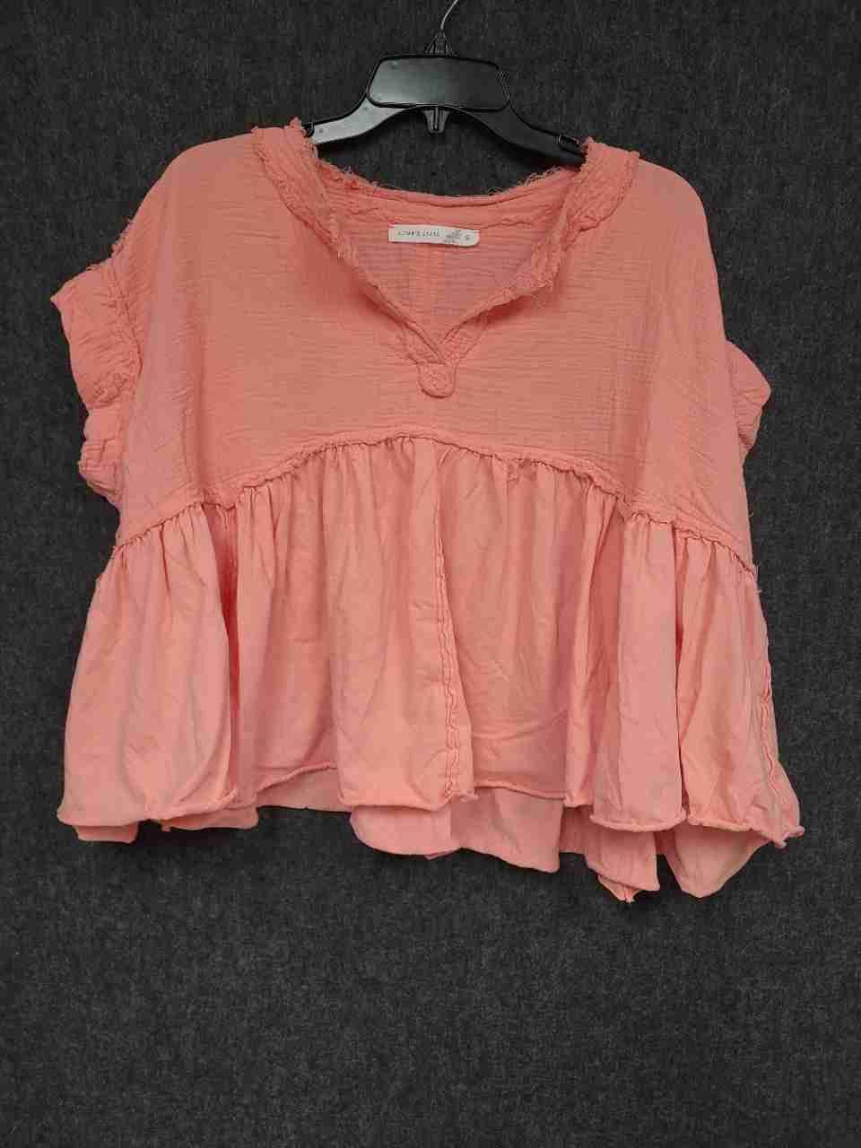 Altar'd State Women's Coral Cotton Raw Edge Ruffle Babydoll Blouse Top Sz S