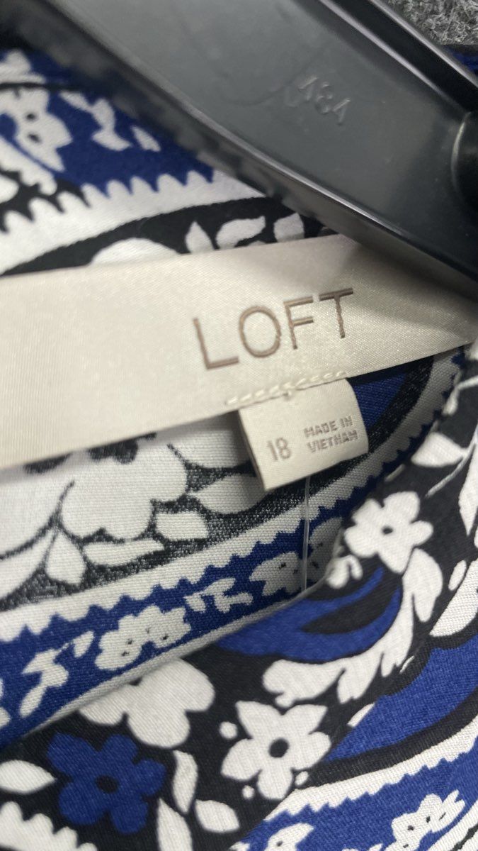 LOFT Women's Blue Black White Paisley Floral Long Sleeve Shift Dress NWT Sz 18