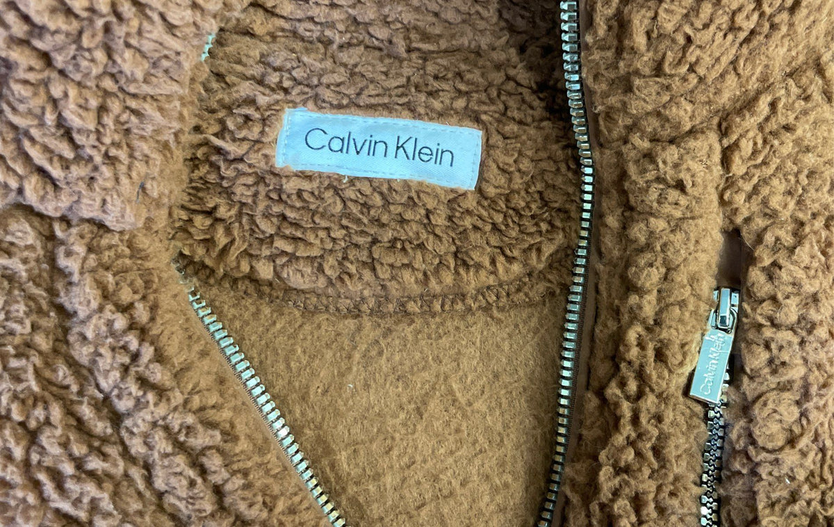 Calvin Klein Women's Brown Fuzzy Sherpa Fleece Full Zip Mock Neck Vest