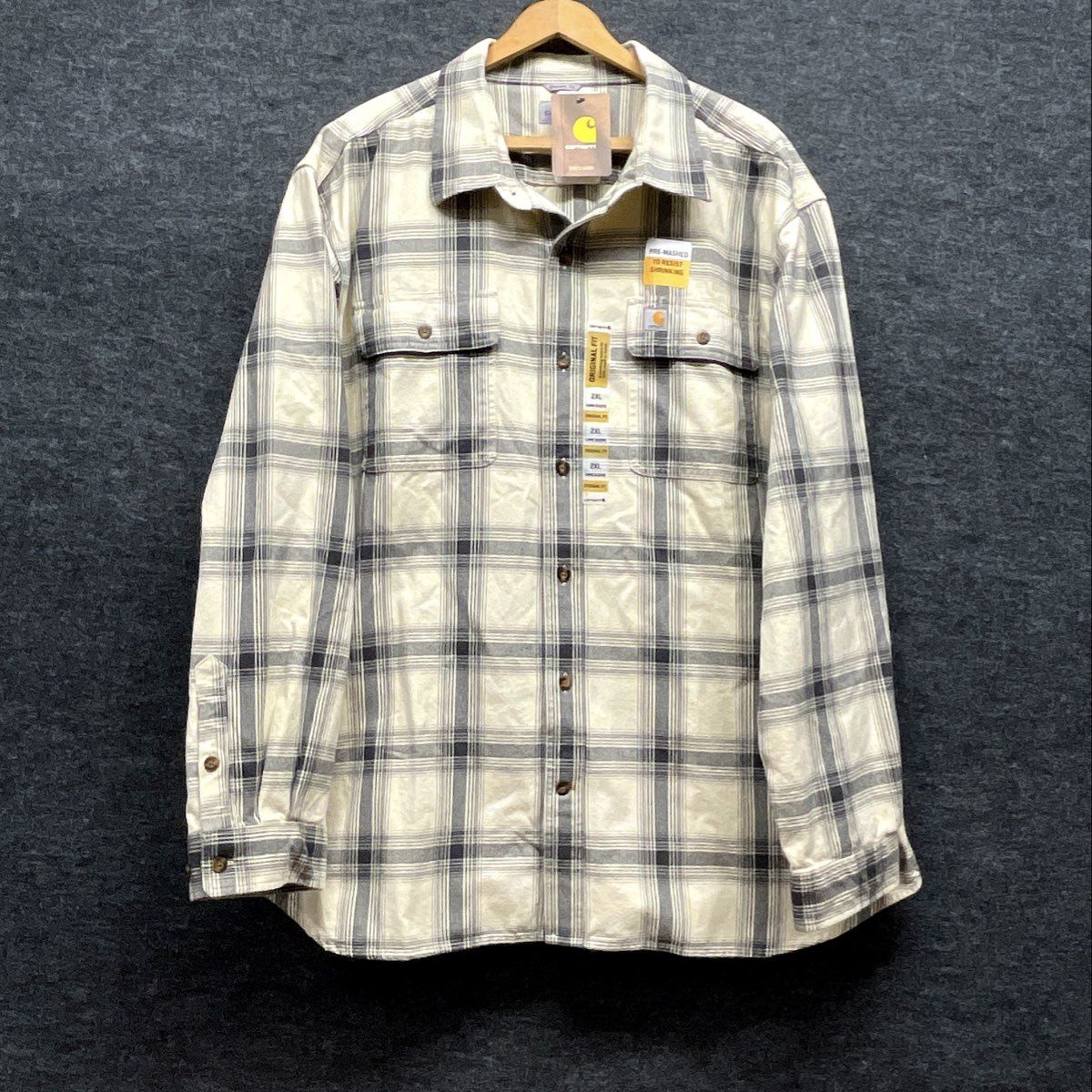 Carhartt Men's Cream Gray Plaid Button Up Shirt 104451 Original Fit NWT 2XL