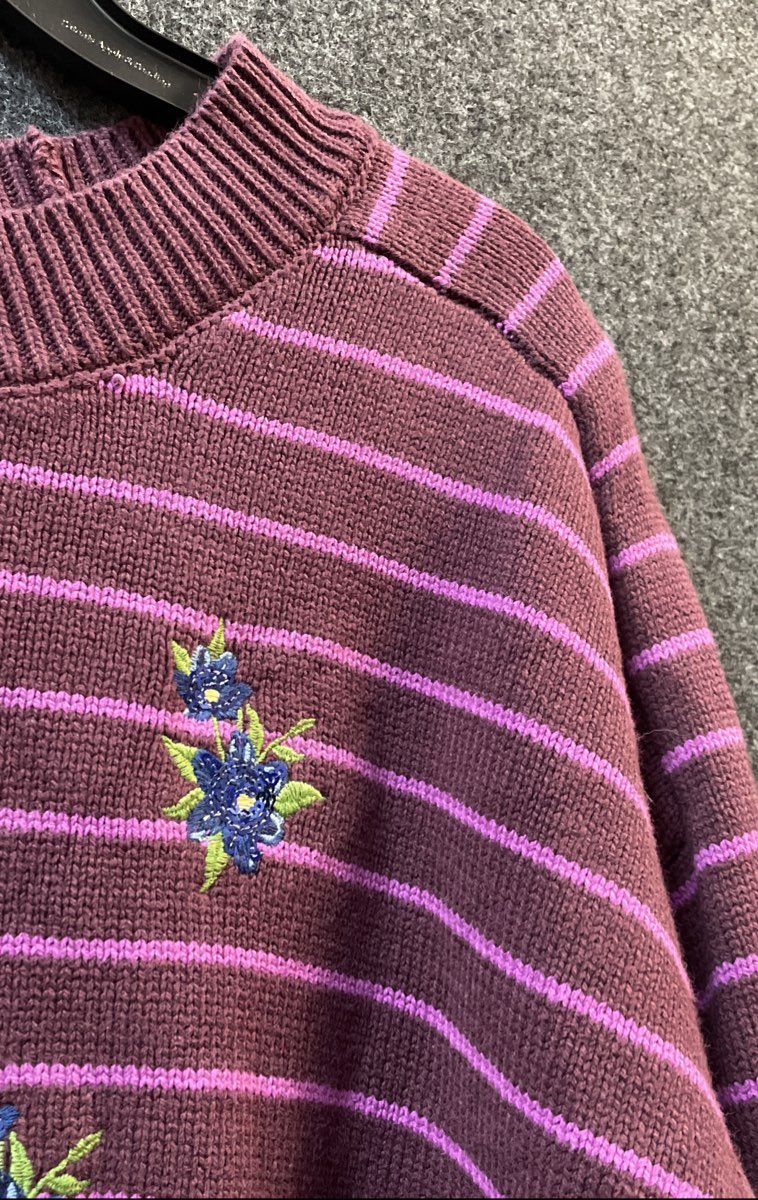 Joseph A Women's Purple Striped Floral Embroidered Crewneck Sweater Sz M