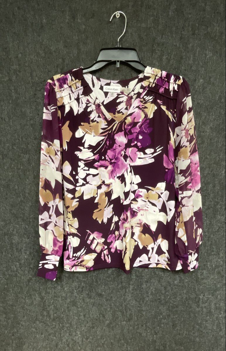Calvin Klein Women's Purple Floral V-Neck Sheer Long Sleeve Blouse Top Sz XS