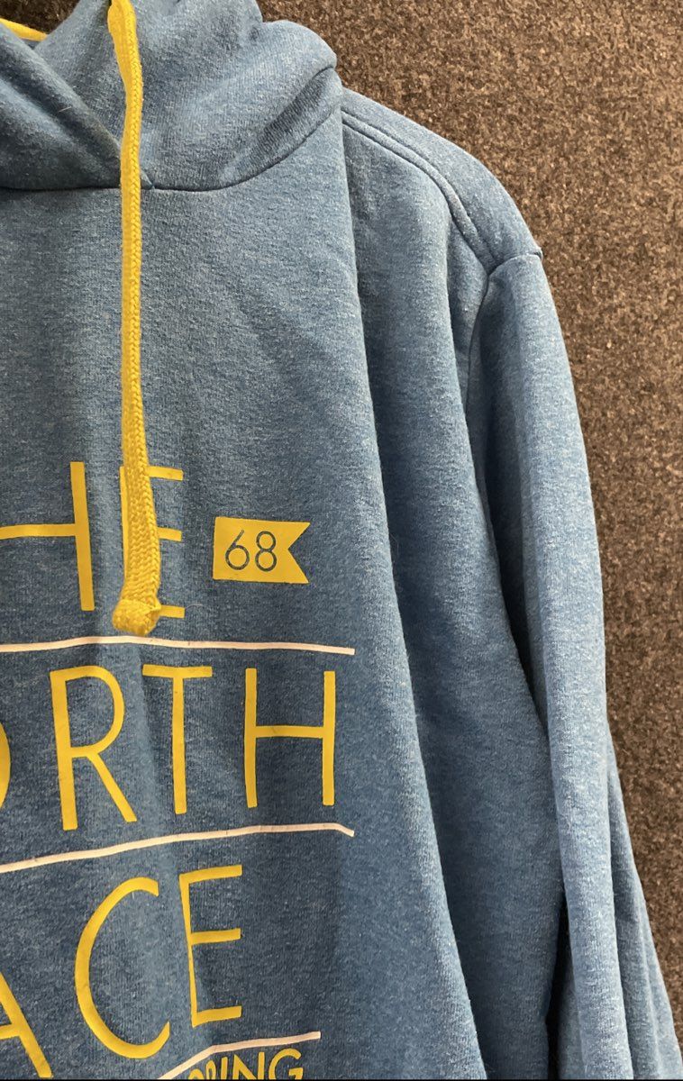 The North Face Men's Heathered Blue Hoodie Graphic Logo Yellow Drawstring Sz L