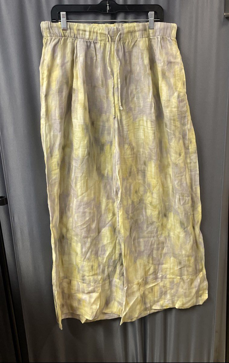 Zara Women's 2-Piece Set Yellow Gray Watercolor Shirt Wide Leg Pants Sz XL