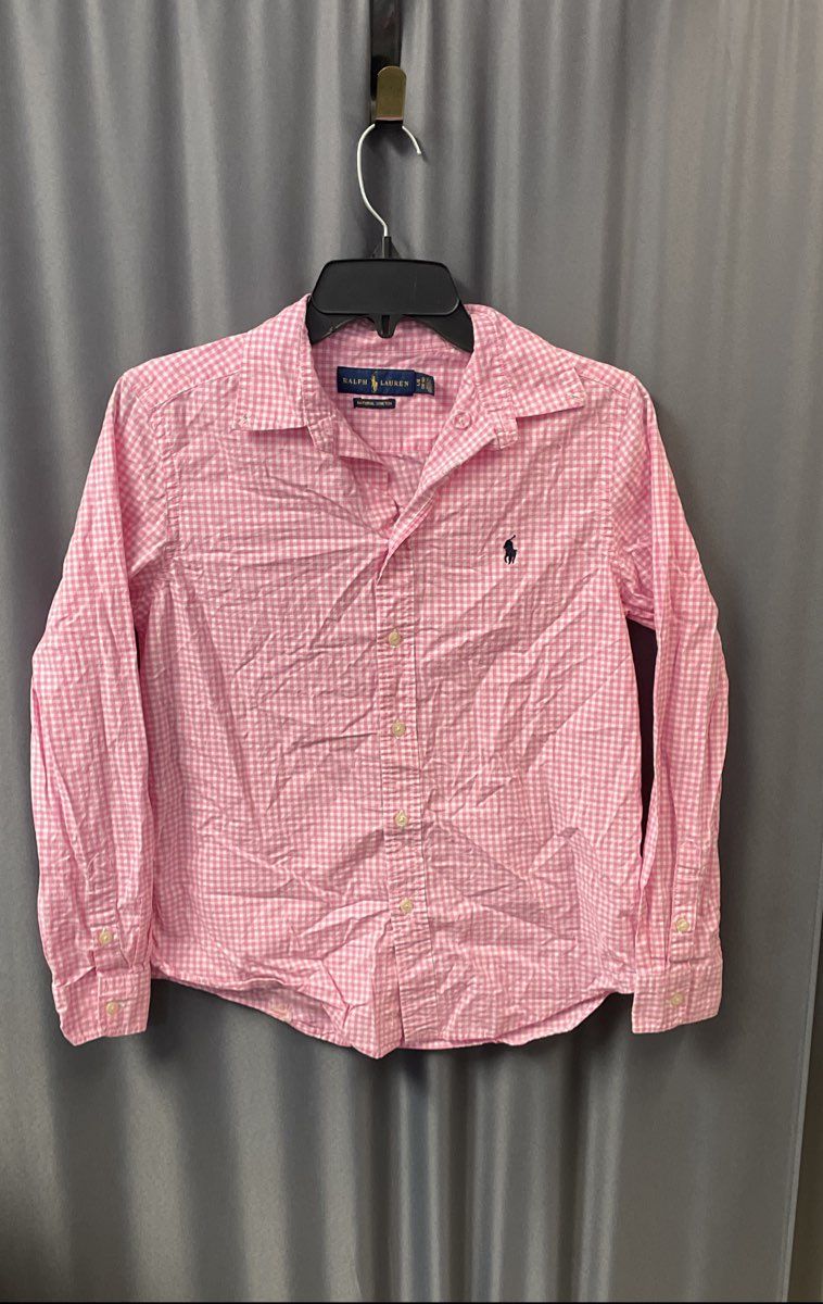 Ralph Lauren Boys Pink Gingham Check Natural Stretch Shirt Sz L 14-16