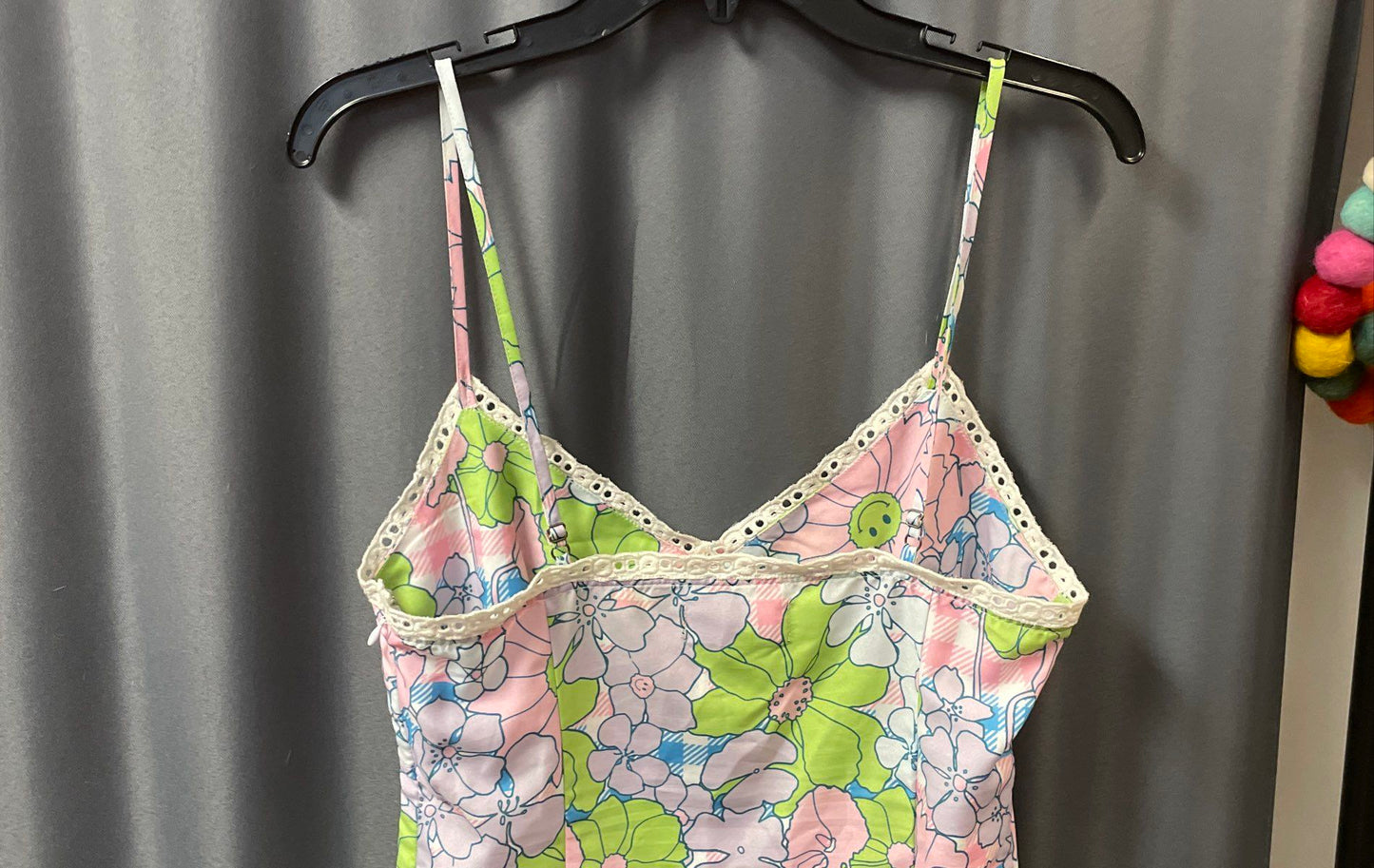 New Girl Order Women's Floral Slip Dress Pink Green Gingham Lace Trim Sz 10