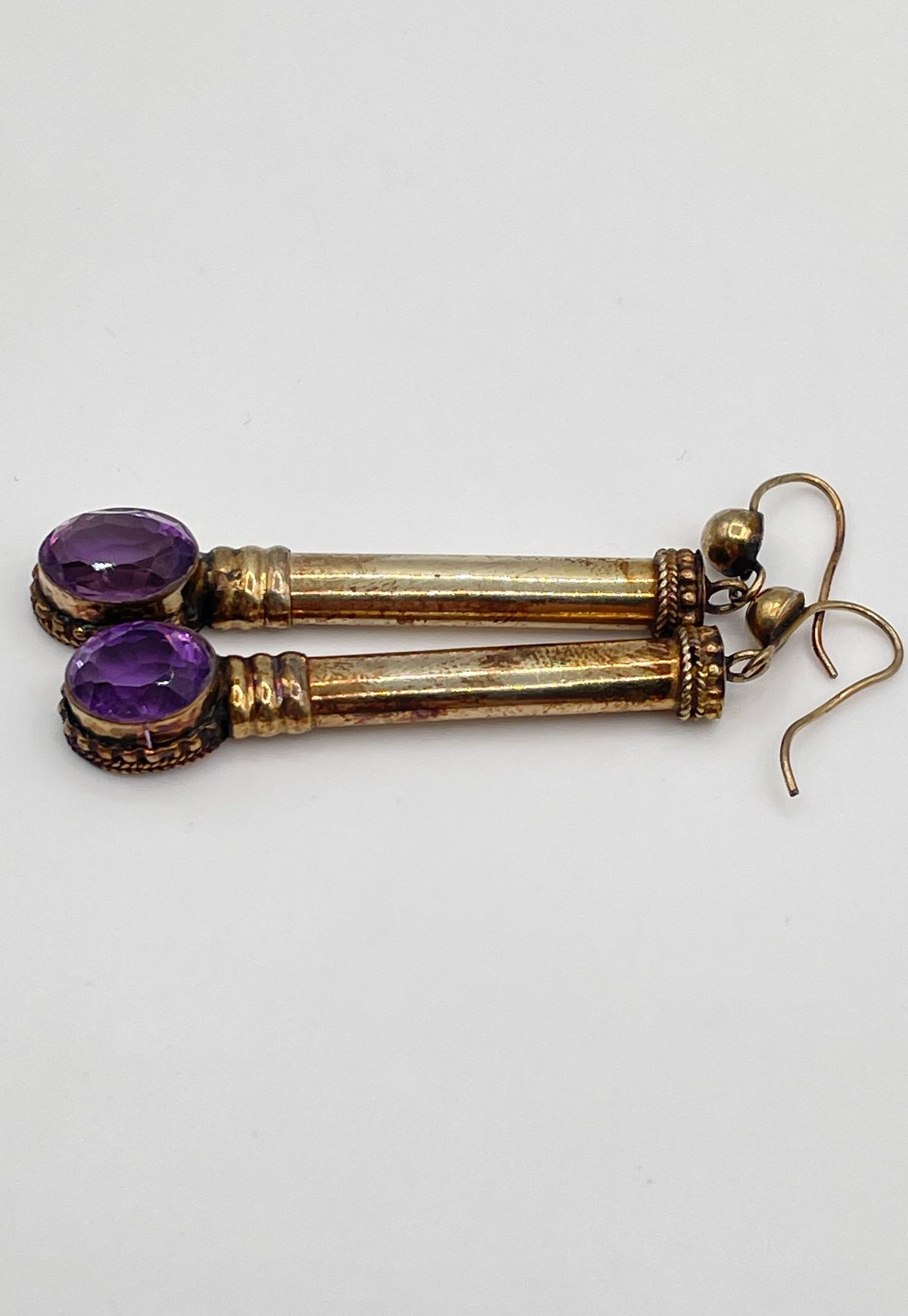 925 Sterling Silver Gold Tone Oval-Cut Amethyst Pillar Drop Earrings 8g