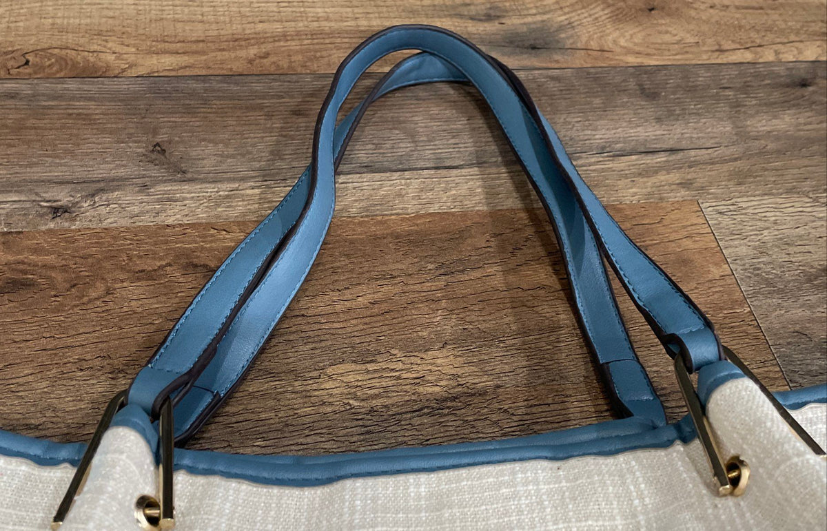 Adrienne Vittadini White Woven Fabric Blue Trim Tote Bag Gold Hardware