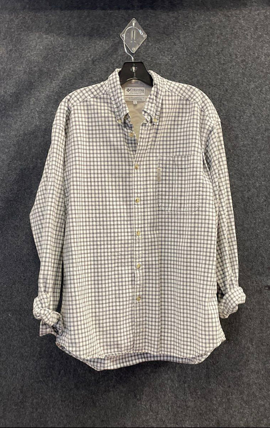 Vintage 90s Columbia Men's Plaid Button Down Shirt Gray White Long Sleeve Sz L