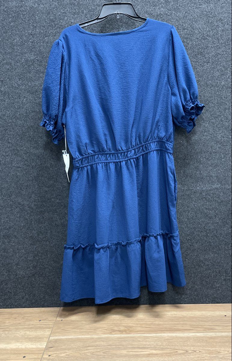 Draper James Women's Navy RSVP Puff Sleeve Tie Neck Ruffle Tiered Dress Sz XL